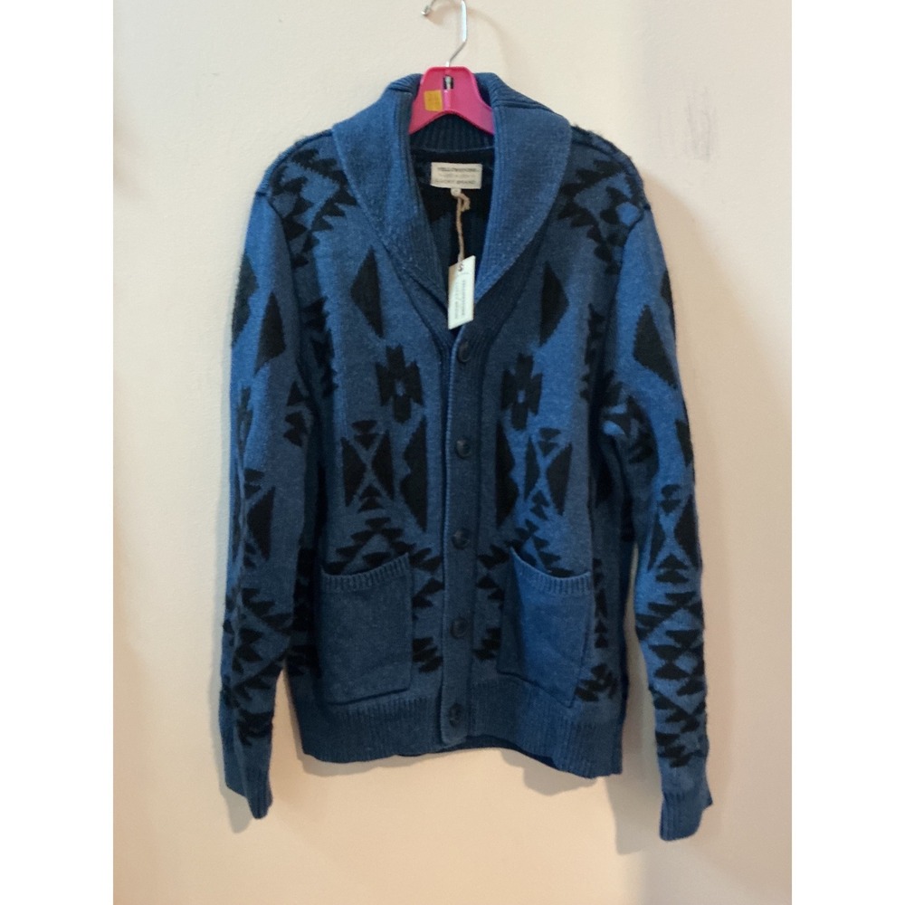 Lucky Brand Yellowstone Shawl Collar Cardigan Blue Black Geometric Print Men's M